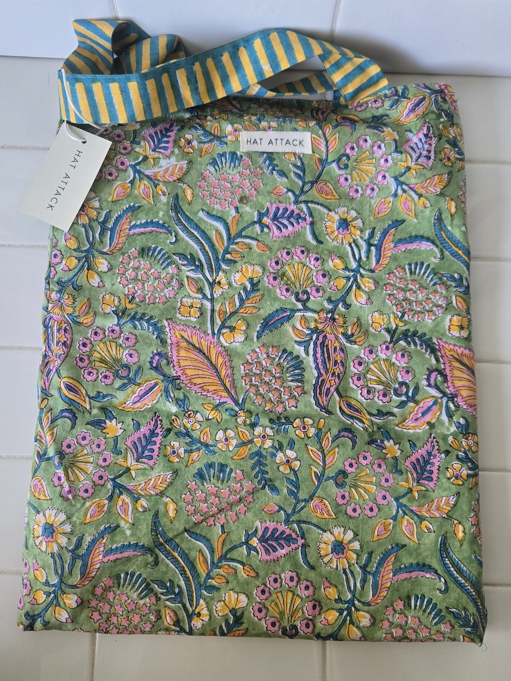 Hat Attack Floral Picnic/ Beach Throw in Green with Pink & Yellow Accents